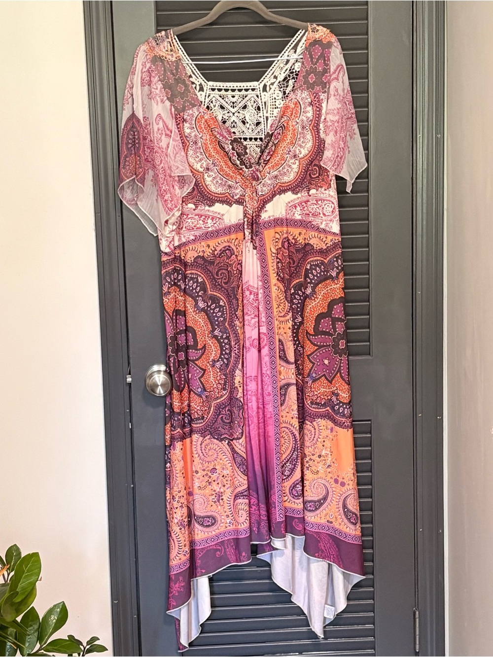 ONE WORLD Paisley Asymmetrical Maxi Dress in Pink and Orange